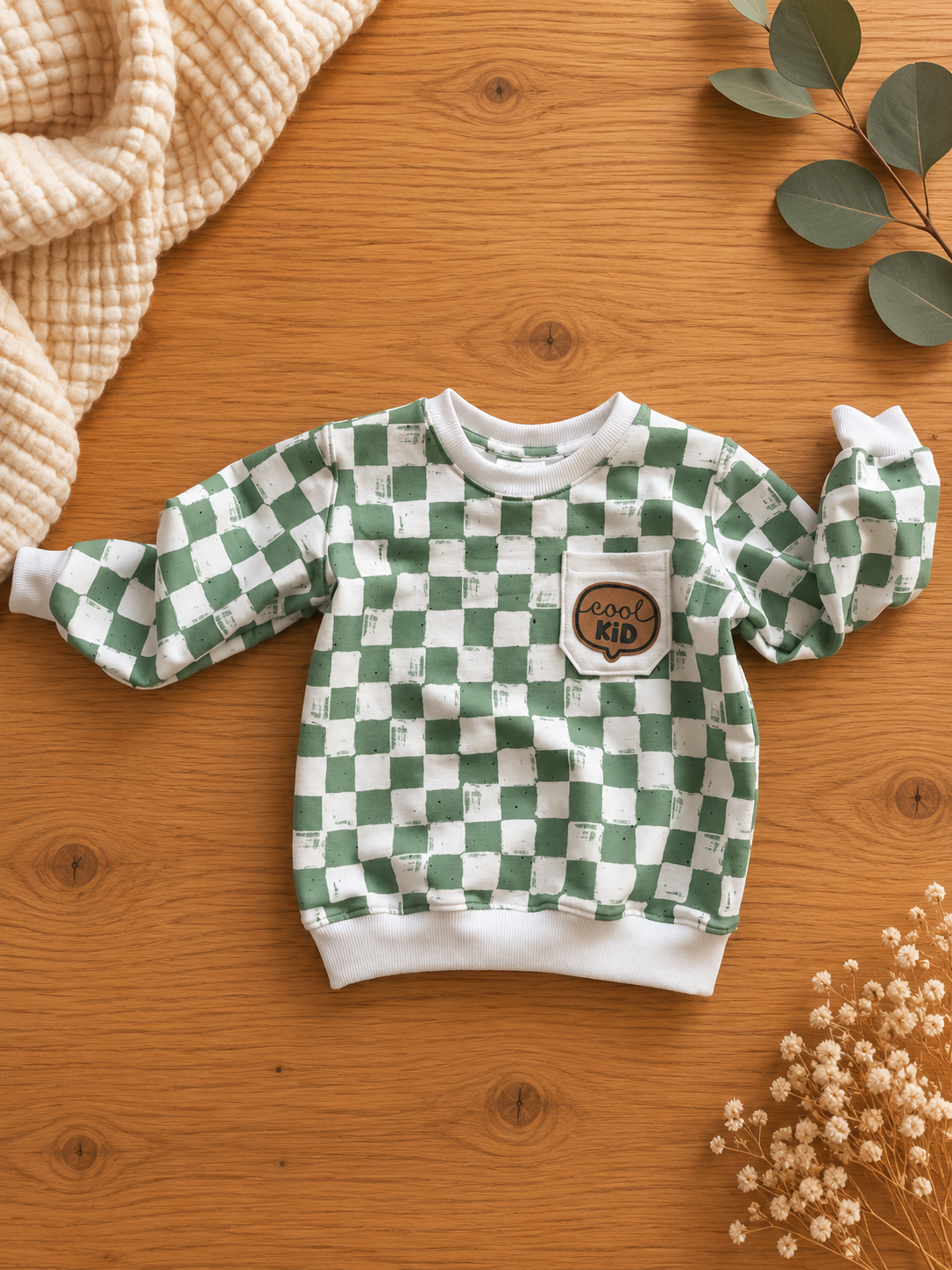 Sweater „Cool Kid“ – Salbeigrün & Creme | Gr. 98 (B-Ware)