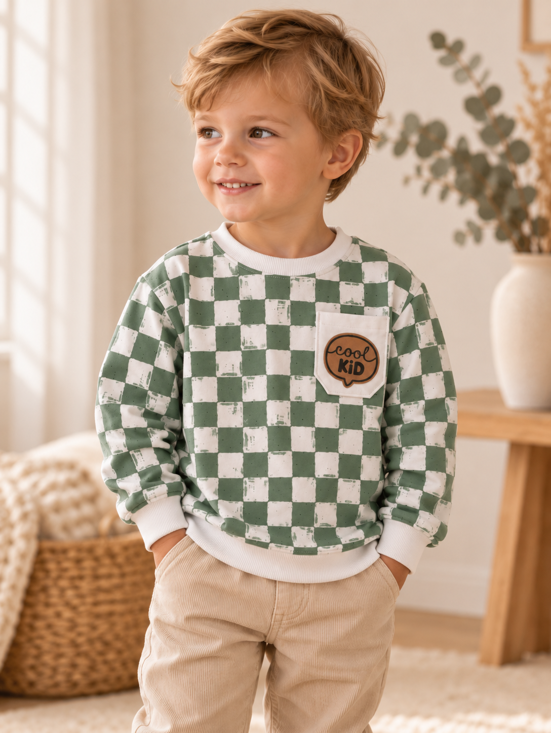 Sweater „Cool Kid“ – Salbeigrün & Creme | Gr. 98 (B-Ware)